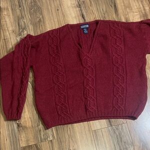 Lands' End Red Cable-knit V-Neck Sweater 100% Pure Wool Sz M ( 38-40)